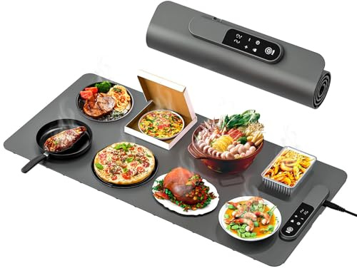 AURIVEE Chauffe Assiettes Électrique XXL 80x38 cm,Plaque Chauffante Silicone 7 Températures, Minuterie, 400W Économe - Roulable pour Buffet, Cuisine, Fête