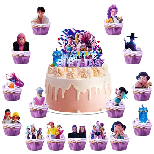 Juego de 31 decoraciones para tartas de demon, decoración para tartas de Hunters, decoración para tartas de niña, decoración de cumpleaños infantiles, decoración de cumpleaños infantil, decoración de