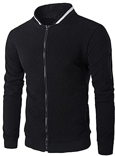 Män gym sportdräkt fullt set träningsoveraller män höst vinter två- sport set ståkrage enfärgad rutig dragkedja tröja baseball sport set för promenader löpning vandring, Svart, XXL