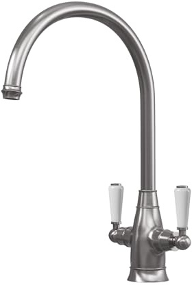 Liquida OS52PT Pewter Swan Neck Twin Lever Traditional Kitchen Mixer Tap