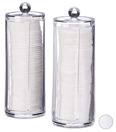 Relaxdays Set da 2 Dispenser per Dischetti di Cotone, Acrilico, Cilindrico, con Coperchio, Bagno, 20x7cm, Trasparente
