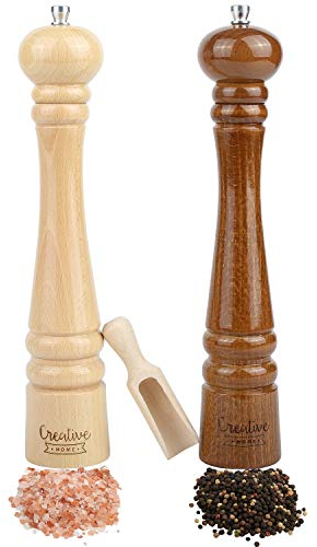 Creative Home Duo Moulin a Poivre et Sel Manuel en Bois | Inclus Mini Cuillère | Hauteur 31,5 cm | Salière et Poivrière Cuisine | Hêtre Naturel