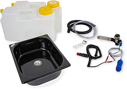 Wasseranlage Imbisswagen Verkaufsanhänger Campingküche 12v Bausatz Spüle dunkel 325x265x100 Barwig Schwarz/chrom Raumsparkanister 12L (ad-ideen)