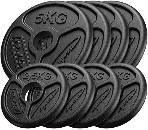 Marbo Sport, Olympia Hantelscheiben Set aus Gusseisen, Langhantelstangen, Gewichte Hantel Bar mit Aufnahme Ø51 mm, 4 x 2,5 kg + 4 x 5 kg, Home Gym, Armtrainer - Gesamtgewicht 30 kg