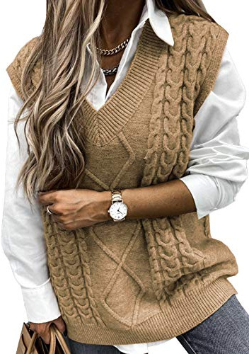 EVALESS Women's Oversized Yellow Cable Knit Sweater Vest, V-Neck, Sleeveless, X-Large