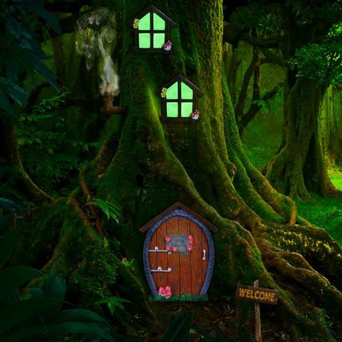 Syhood Feen Tür und Fenster Miniatur Sommer Haus mit Lampe Zimmer Wand und Bäume Draußen Leuchtet im Dunkeln Feen Schlafender Hof Kunst Garten Skulptur Geschenk Garten Ornament (Stein Stil) | Miniaturhaus mit Lampe und Willkommensschild, Baummontage-Skulptur, skurrile Hofkunst, Terrassen-Rasen-Ornament