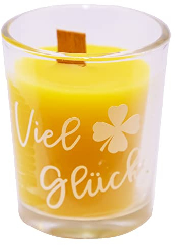 Bienenwachskerze im Glas mit Holzdocht Viel Glück