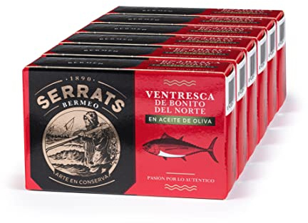 CONSERVAS SERRATS - Ventresca de Bonito del Norte del Cantábrico en Aceite de Oliva - 6 Latas x 115g (Total: 690g) - La Parte Más Jugosa y Sabrosa - Elaboración Artesanal desde 1890