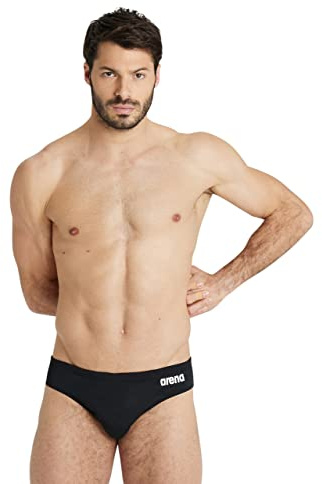ARENA Men’s Team Solid Swim Brief MaxLife Athletic Swimwear Professional Training Swimsuit Sports Bathing Suit, Black/White, US Size 32
