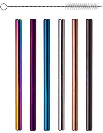 Wiederverwendbare Edelstahl Strohhalme bunt - 15cm Kurze Metall Trinkhalme - extra breit - 6er Set + Reinigungsbürste