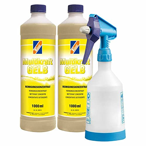 TECHNOLIT Multikraft GELB Sanitärreiniger Konzentrat | 2x 1L + Sprühflasche | Saurer Badreiniger gegen Kalk, Rost & Urinstein | Für säurefeste Fliesen | Inklusive CleanMaster EXTREME Pumpzerstäuber