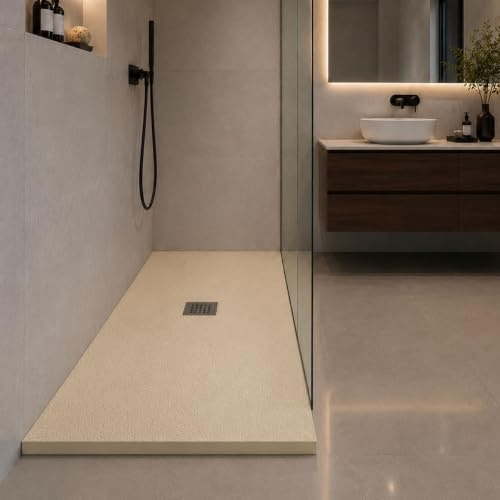 Yellowshop - Piatto doccia rettangolare marmoresina base 80 cm h 2,5 cm HEAVY Sabbia con sifone, piletta e copripiletta inox (Cm 80x180)