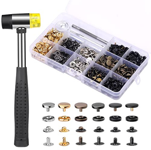 SUVSOON 120 Sets Snap Buttons, Leather Snap Fasteners Kit with Rubber Hammer, 10mm Metal Snaps Buttons Press Studs, for Leather Craft