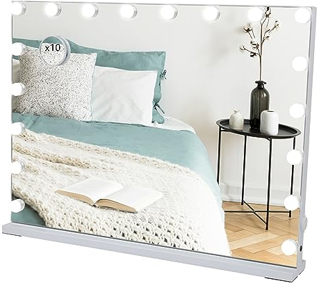 eklipt Schminkspiegel mit Beleuchtung 80 x 56 cm, Hollywood Spiegel mit LED Licht, 3 Farbtemperatur Licht, Touch Control, Tischplatte oder Wandhalterung (18led,80x12x62cm,weiß)