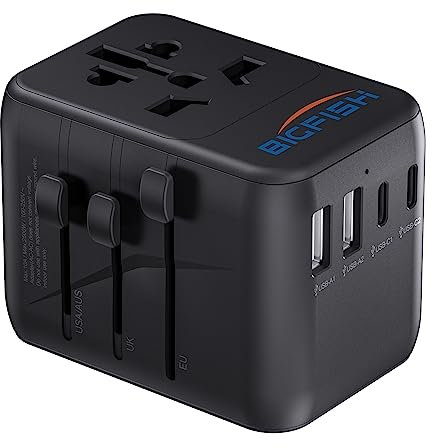 Bigfish Universal Travel Adapter, Worldwide Travel Plug Adapter with 2 USB A and 2 USB C, Dual 10A Fuses All In One International Travel Adapter - EU UK US AUS Plugs