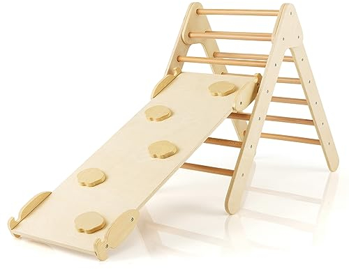 LIFEZEAL 3 in 1 Set di Arrampicata con Scivolo Inclinazione Regolabile, Scala Stabile Triangolo per Arrampicarsi in Legno per l’Asilo, Parco Divertimenti Giocattolo per Bambini 1 Anno+