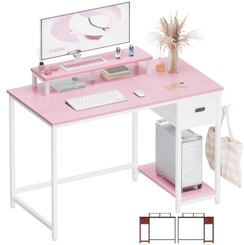 PAMRAY Escritorio 98cm con Soporte Monitor y cajón Oficina o Estudio Rosado