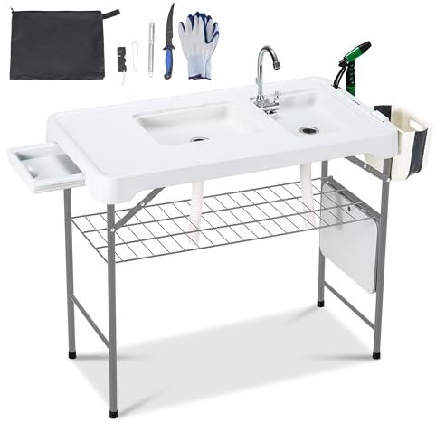 Dragosum 42'' Outdoor Fish Cleaning Table Portable Camping Sink Station with Double Sinks, Collapsible Swivel Faucet, Picnic Sink Table with 6pc Fish Cleaning Kit for Picnic Beach Patio (Grey)