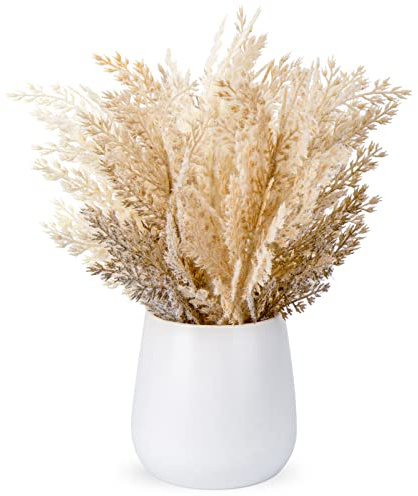 Oairse Herbe de la pampa artificielle avec vase inclus, bouquet de fleurs artificielles duveteuses pour la maison, la table de mariage, la décoration bohème, beige séchée