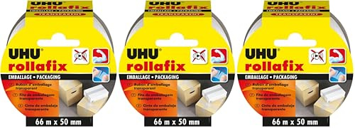 UHU Rollafix - Ruban Adhésif Transparent - Emballage, Packaging - Adhérence Elevée - Sans Solvants - Se Déchire à la Main - Ruban de 66 m x 50 mm