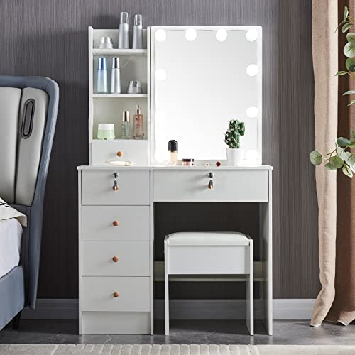Postazione trucco, Toletta da trucco con specchio regolabile LED illuminato, Specchiera trucco, Tavolino da toilette con 6 cassetti, 3 ripiani aperti per la camera da letto (maniglie in legno)