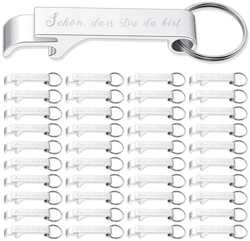 Geiserailie 20 Stück Flaschenöffner Schlüsselanhänger Bierflaschenöffner Bieröffner Kapselheber Schlüssel Flaschenöffner Anhänger Öffner für Hochzeit Taufe Gästegeschenke(Schön, dass Du da bist)