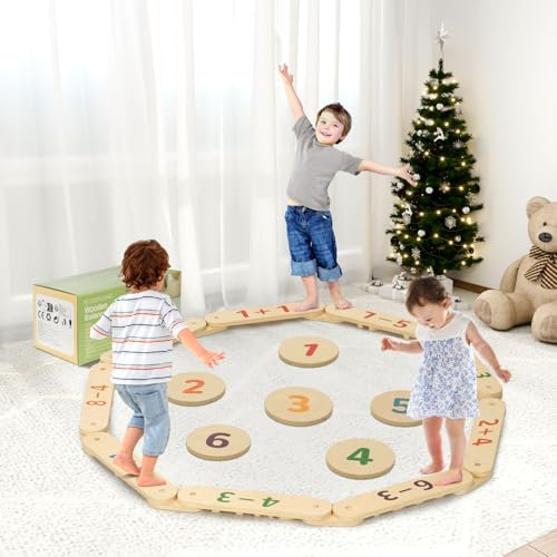 COSYLAND Wooden Balance Beam Toddler - Kids Balance Board With Stepping Stones - Indoor Kids Obstacle Course To Enhance Coordination And Motor Skills (Number Pattern)