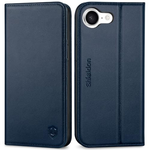 SHIELDON Fodral för iPhone 16e 6.1 tum 2025, Flip plånbok i äkta läder med kreditkortshållare [RFID-blockering] magnetiskt foliofodral, kompatibel med iPhone 16e - Marinblå