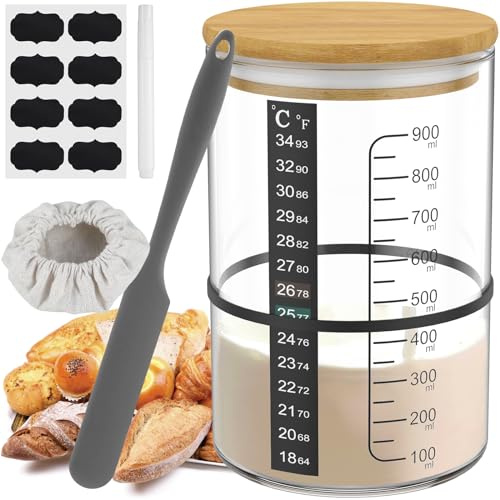 HuhWafee Set di base per lievito naturale, 900 ml, con coperchio in legno, spatola in silicone, panno per la fermentazione, sourdough, accessorio per lievitazione (900 ml)