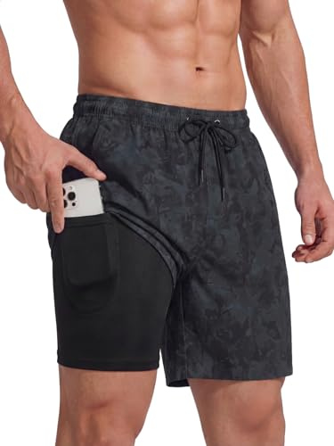 Hovershoes Mens Swimming Shorts Men's Swim Shorts & Trunks with Compression Liner Quick Dry Board Shorts 2 in 18 Swim Short with Pockets Summer Pool Beach Swimsuit and Bathing Suit Black