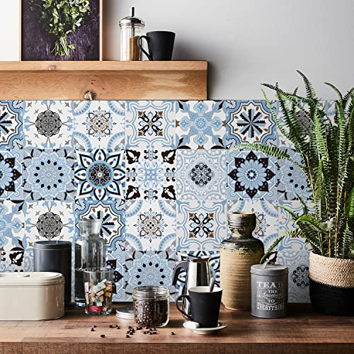 24 calcomanías de azulejos marroquíes de 10 x 10 cm para cocina, baño, vintage, impermeable, a prueba de aceite, autoadhesivas, para suelo, vinilo para pared