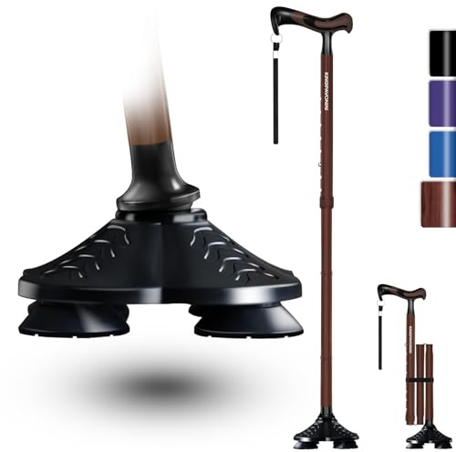 KingPavonini Gehstock für Damen & Herren, Freistehend Gehstock Klappbar, Ergonomischer Griff mit Schwenkbarer Vierfußbasis, Tragkraft 159kg, Verstellbar, mit Reisetasche