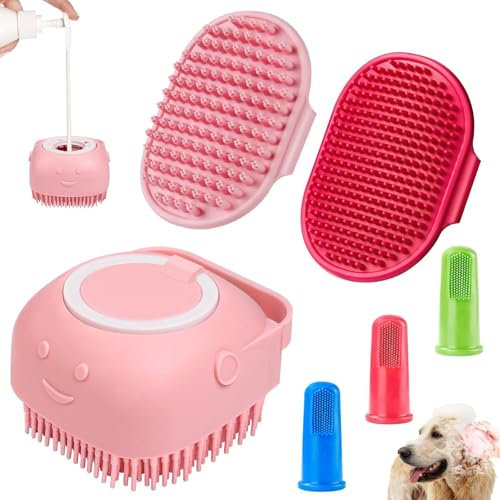 Hunde Badebürste, 6er Set hunde waschbürste Mit Tierzahnbürstenset hunde Waschbürste, Nachfüllbare hundeshampoo Zum Baden, für Massieren und Haarentfernung (Rosa)