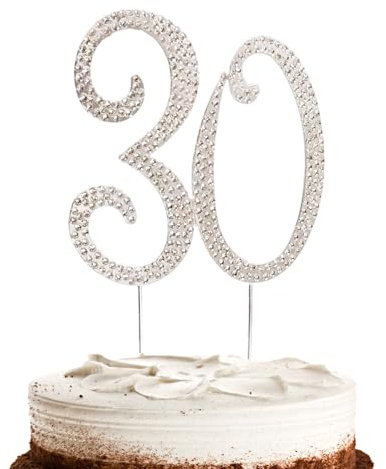Hugwish Happy 30th Birthday Cake Topper Diamante Silver Bling Rhinestones, Number 30 Anniversary Cake Topper For Women Birthday Party Marriage Anniversary (30 silver)