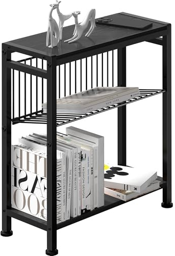 Beistelltisch schmal, Couchtisch klein mit 3 Ablagen, Zeitschriftenhalter, Sofa Beistelltisch für schmale Räume, Drahtgeflecht, Nachttisch klein, für Wohnzimmer, Schlafzimmer, Arbeitszimmer, Schwarz