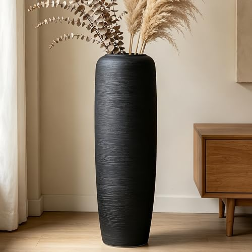 JIDOFUE Schwarz Boho Bodenvase aus Keramik, 60 cm, Rustikale Vintage Vase für Wohnzimmer Dekoration, Pampasgras oder Trockenblumen, Perfekt für Regale und Tische