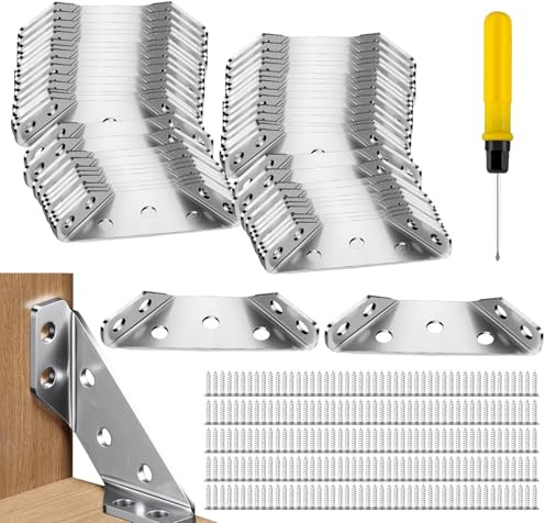60 Stück Eckwinkel, Metall Eckverbinder Möbelbau mit 240 Schrauben und Schraubendreher Winkel Edelstahl Dreieck Form Ecke Klammer Dreiecksstütze Möbelverbinder für Schrank Tisch Stuhl