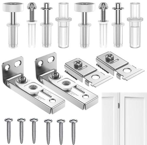 Bi Fold Door Repair Kit, 2 Pack Bi Folding Door Track Kit, Bifold Gate Hardware Repair Replacement Part with 3/8 Pivots, 7/8 to 1 Guide Wheel and Brackets for Accordion Barn Folding Gate