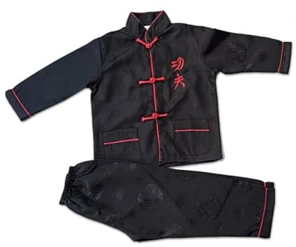 Kids Chinese Kongfu Clothing Traditional Outfit Silk Satin Kung Fu Suit for Kid Long Sleeves Top Pant 2 Pcs Boys Girls Tai Chi Suits Button up Stand Collar Wing Chun Clothes Plain Kung Fu Clothing