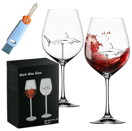 Shark Wine Glasses Set of 2 with Cleaning Brush, Lead-Free Glass Shark Red Wine Goblets for Home Bar Parties, Unique Gift for Wedding, Anniversary, Halloween, Christmas, Birthday