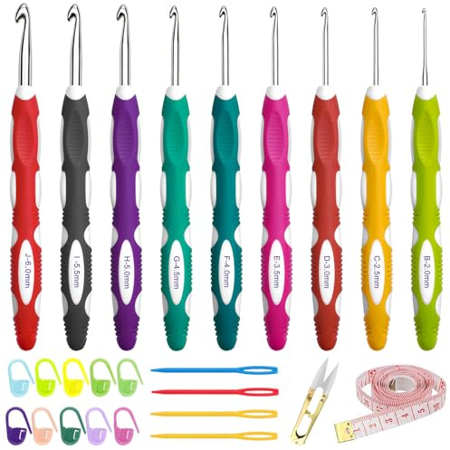 GZLFH Lot de 24 crochets comprenant 9 tailles (2,0 mm à 6,0 mm), crochets avec poignée ergonomique, livré avec accessoires de crochet, convient pour les débutants