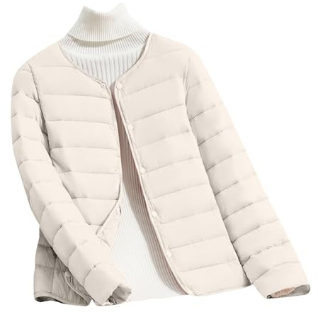 Chaqueta acolchada ligera para mujer, chaqueta fina de plumón para mujer, cuello en V, con botones, chaqueta acolchada suave y cálida, chaqueta de entretiempo ligera de plumas, abrigo de plumón para