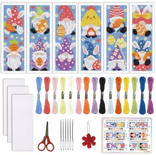 ORIGACH Set di 6 segnalibri a punto croce pasquale con gnomo e uovo, set di segnalibri prestampati, per adulti, amanti dei libri