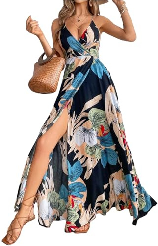 JENJON Mujer Elegante Vestido de Verano Sin Mangas Cuello en V Estampada de Tirantes Bohemio Vestido de Playa Larga