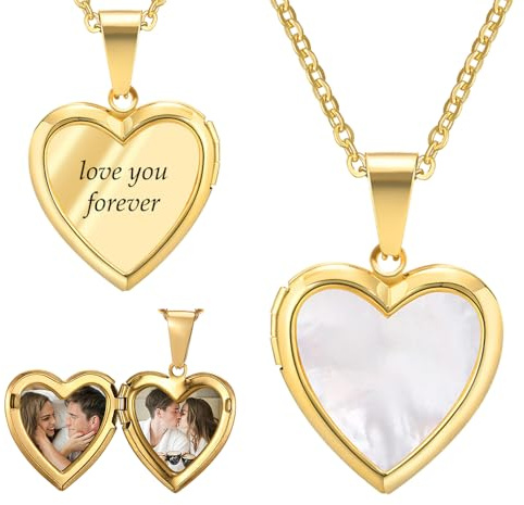 Ashleymade Personalisierte Foto Medaillon Halskette für Frauen Kette mit Gravur Herz Anhänger Geschenk für Muttertag Valentinstag Weihnachten