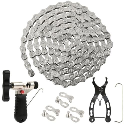 EMNIMQ Chaîne Vélo 6/7/8 Vitesses Anti-Rouille Derive Chaine Velo Pratique avec 3 Maillons Rapides & Outil Pro avec Jeu D'outils, Rivet de Chaîne, Pince à Maillons pour Vélo de Montagne
