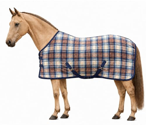Brama-West Fleece Abschwitzdecke Pferd – Anti-Pilling Pferdedecke Atmungsaktiv mit Kreuzgurten (Braun/Mocca/Blau, 155)
