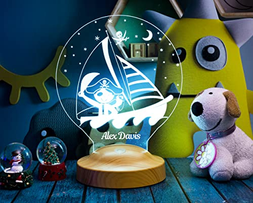 Personalisiertes Pirat Nachtlicht Kinder mit Name, LED Nachtlampe Baby Kinderzimmer Deko, Individuelle Acryl Lampe Geschenk zur Geburt Taufe Weihnachten für Jungen Mädchen