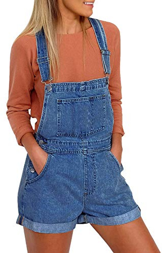 Roskiky Salopette da donna in denim con cinghie a fibbia e tasche con orlo a polsino, D-blu scuro., L