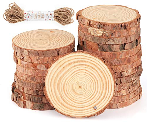 ilauke Runde Holzscheiben 30 Stück, 8-9cm Baumscheiben Klein Holzplatte Rund mit Jute Seil, Holzplättchen Rund für Tafelaufsätze DIY Kunst Hochzeitsdekorationen Weihnachtsschmuck Untersetzer